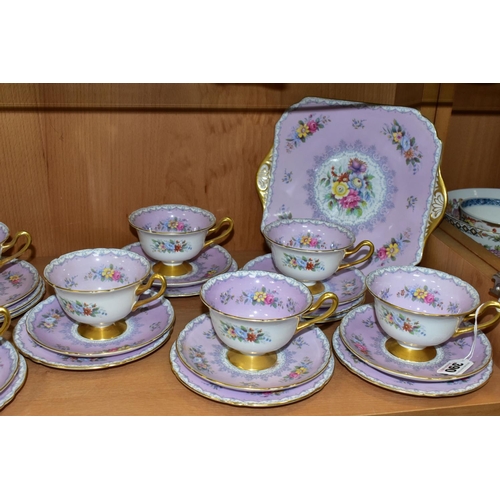 390 - A THIRTY FIVE PIECE SHELLEY CROCHET PATTERN PART TEA SET, with lilac ground and gilt handles, patter... 