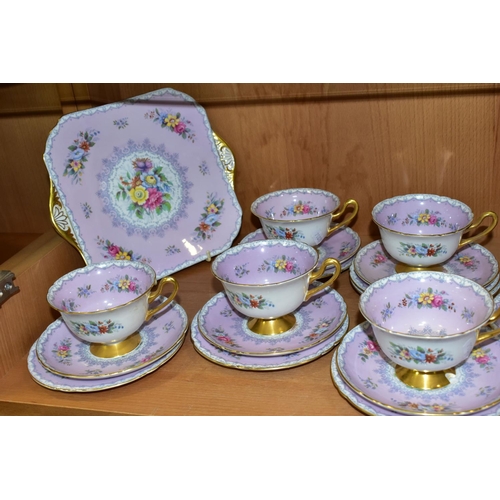 390 - A THIRTY FIVE PIECE SHELLEY CROCHET PATTERN PART TEA SET, with lilac ground and gilt handles, patter... 