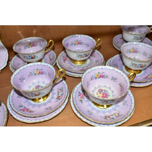 390 - A THIRTY FIVE PIECE SHELLEY CROCHET PATTERN PART TEA SET, with lilac ground and gilt handles, patter... 