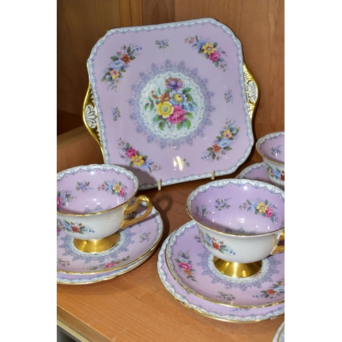 390 - A THIRTY FIVE PIECE SHELLEY CROCHET PATTERN PART TEA SET, with lilac ground and gilt handles, patter... 