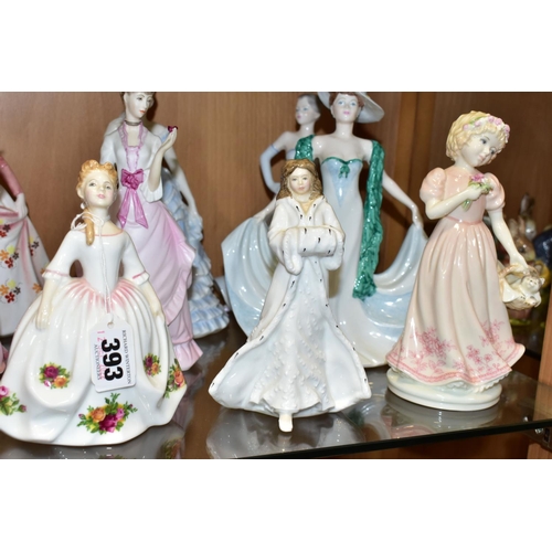 393 - TEN ROYAL DOULTON, COALPORT AND ROYAL WORCESTER FIGURINES, comprising Royal Doulton: Old Country Ros... 