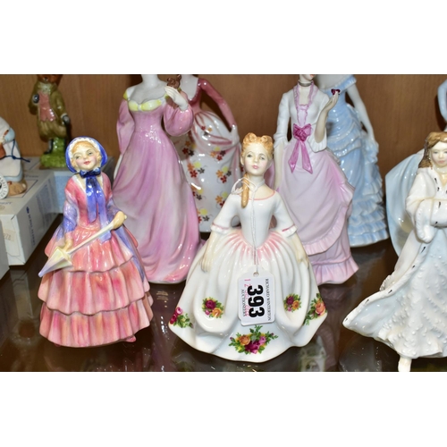 393 - TEN ROYAL DOULTON, COALPORT AND ROYAL WORCESTER FIGURINES, comprising Royal Doulton: Old Country Ros... 