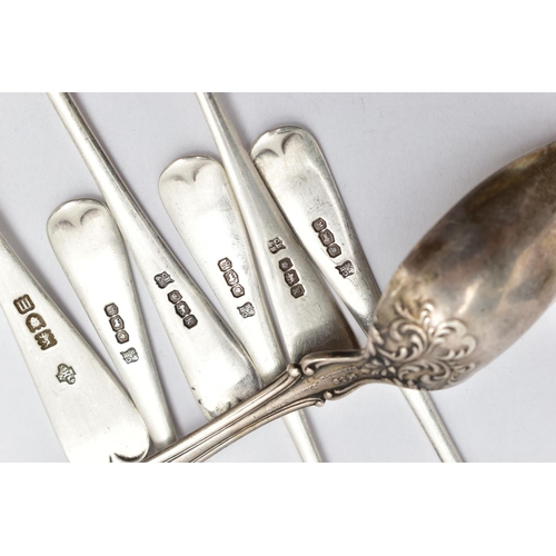 41 - AN ASSORTMENT OF SILVER TEASPOONS, to include five old English teaspoons, hallmarked 'Cooper Brother... 