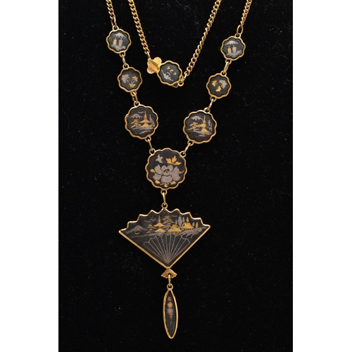 48 - A JAPANESE DAMASCENE INLAID NECKLACE, comprising a series of inlaid scalloped panels depicting vario... 