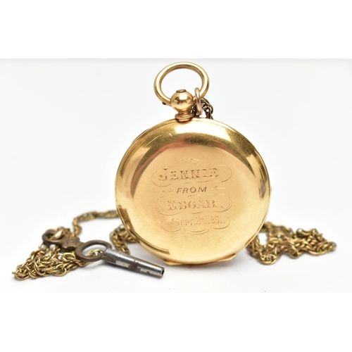 53 - AN 18CT GOLD VICTORIAN OPEN FACE POCKET WATCH, the watch face with foliate detail, black Roman numer... 