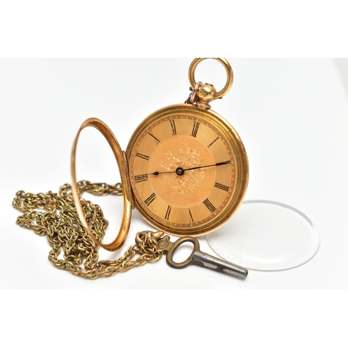 53 - AN 18CT GOLD VICTORIAN OPEN FACE POCKET WATCH, the watch face with foliate detail, black Roman numer... 