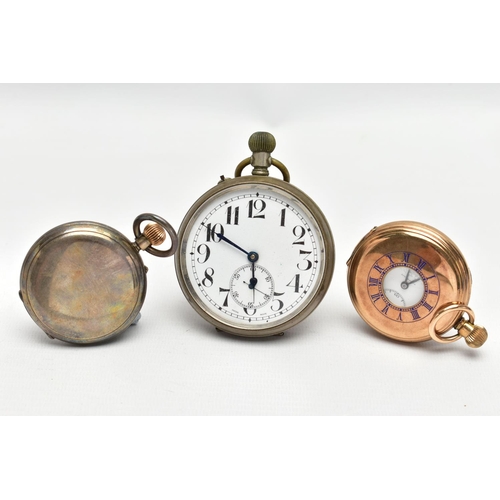 54 - THREE EARLY 20TH CENTURY POCKET WATCHES, to include a gold plated pocket watch, inner case signed El... 