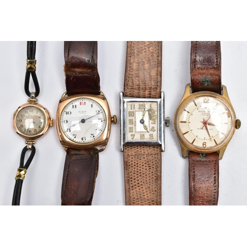 55 - FOUR EARLY TO MID 20TH CENTURY WRISTWATCHES, to include a ladies 1920s wristwatch with rolled gold f... 