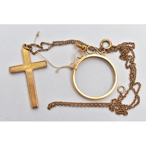 56 - A MID 20TH CENTURY 9CT GOLD DIAMOND CROSS WITH CHAIN, TOGETHER WITH A YELLOW METAL COINT MOUNT, the ... 