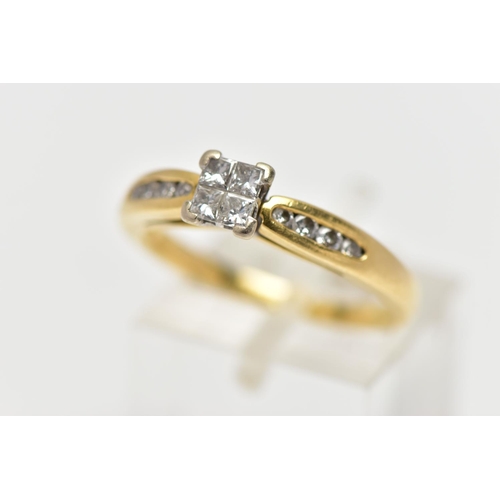 58 - AN 18CT YELLOW GOLD DIAMOND RING, set with a square shape panel of four princess cut diamonds, to th... 