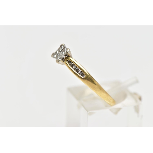 58 - AN 18CT YELLOW GOLD DIAMOND RING, set with a square shape panel of four princess cut diamonds, to th... 