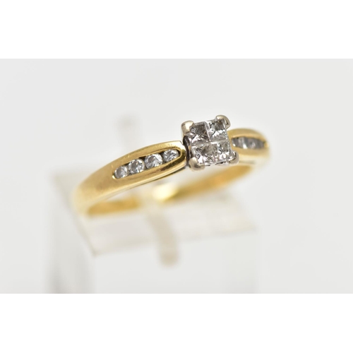 58 - AN 18CT YELLOW GOLD DIAMOND RING, set with a square shape panel of four princess cut diamonds, to th... 