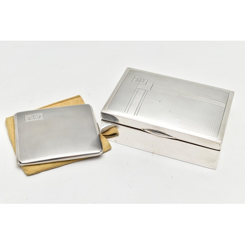 63 - A SILVER CIGARETTE BOX AND CIGARETTE CASE, a box of rectangular form, engine turned pattern with mon... 