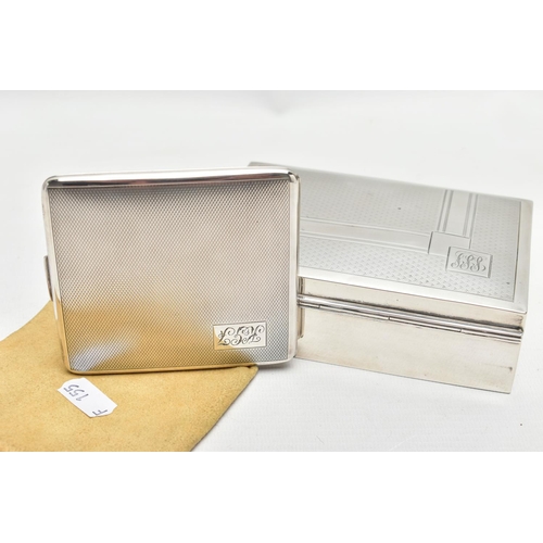 63 - A SILVER CIGARETTE BOX AND CIGARETTE CASE, a box of rectangular form, engine turned pattern with mon... 