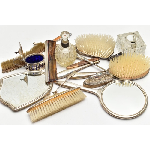 69 - AN ASSORTMENT OF SILVER AND WHITE METAL, to include a silver vanity set, including two brushes a mir... 