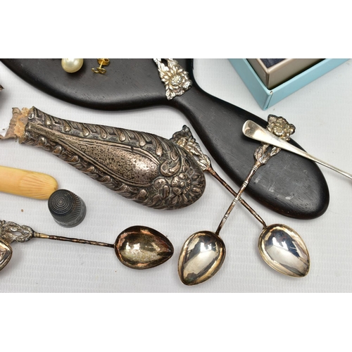 72 - A SELECTION OF SILVER, YELLOW AND WHITE METAL, to include a AF silver handheld mirror, hallmarked 'J... 