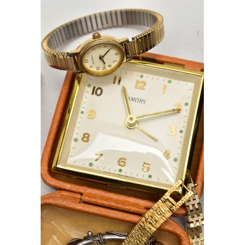 74 - A SMITHS TRAVEL CLOCK, A SELECTION OF WRISTWATCHES AND JEWELLERY, to include a 'Smiths' travel clock... 