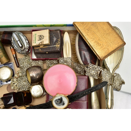 75 - A BOX OF ASSORTED SILVER AND OTHER ITEMS, to include a silver napkin ring with machine turned patter... 