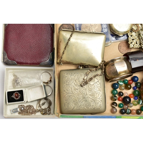 75 - A BOX OF ASSORTED SILVER AND OTHER ITEMS, to include a silver napkin ring with machine turned patter... 