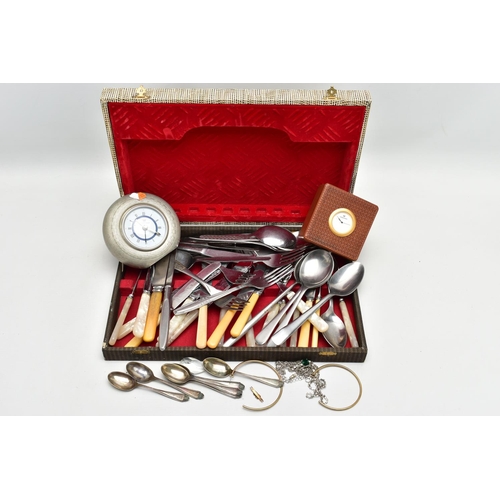 78 - A BOX OF SILVER TEASPOONS AND ASSORTED ITEMS, to include a set of six silver Hanoverian teaspoons, h... 