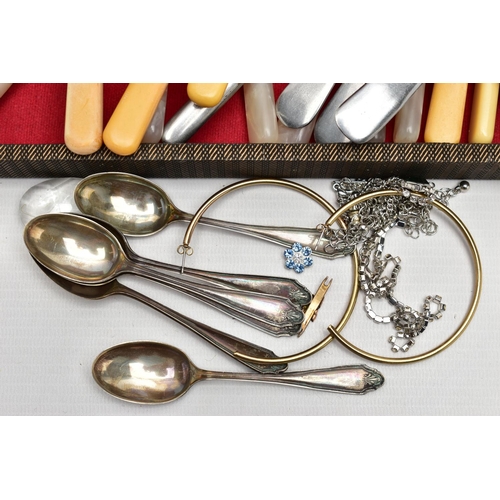 78 - A BOX OF SILVER TEASPOONS AND ASSORTED ITEMS, to include a set of six silver Hanoverian teaspoons, h... 