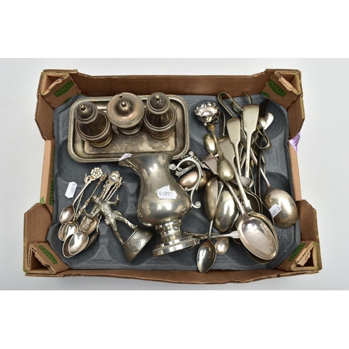 80 - A BOX OF ASSORTED SILVER AND WHITE METAL, to include a set of four teaspoons with twisted handles, d... 