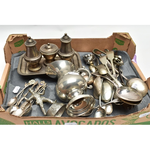 80 - A BOX OF ASSORTED SILVER AND WHITE METAL, to include a set of four teaspoons with twisted handles, d... 