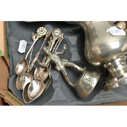 80 - A BOX OF ASSORTED SILVER AND WHITE METAL, to include a set of four teaspoons with twisted handles, d... 