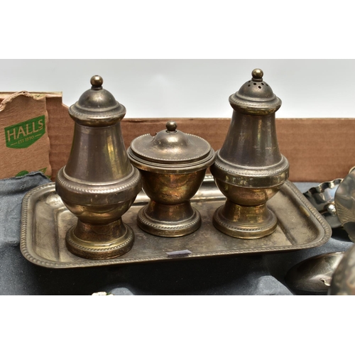 80 - A BOX OF ASSORTED SILVER AND WHITE METAL, to include a set of four teaspoons with twisted handles, d... 