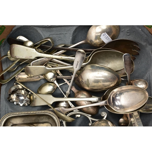 80 - A BOX OF ASSORTED SILVER AND WHITE METAL, to include a set of four teaspoons with twisted handles, d... 