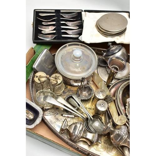 88 - A BOX OF ASSORTED WHITE METAL, to include a selection of trays, coasters, compacts, candle sticks  t... 