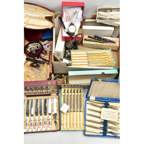 90 - A BOX OF ASSORTED ITEMS, to include three fountain pens, each tip stamped 14k, a selection of costum... 