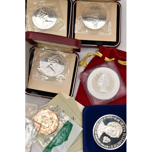 94 - A CARDBOAD BOX CONTAINING SILVER AND SILVER PROOF COINS, to include a 2 OZ .999 silver kookaburra 19... 