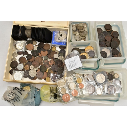 96 - A PLASTIC CRATE IN WHICH ARE SEVERAL BOXES OF COINS, to include crowns 1887, 1898, 1935, 1937, 1951,... 