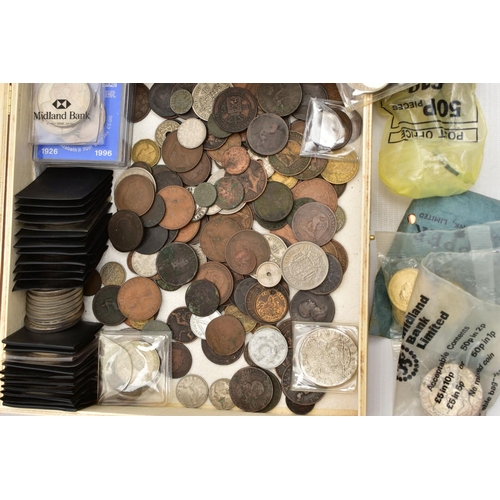 96 - A PLASTIC CRATE IN WHICH ARE SEVERAL BOXES OF COINS, to include crowns 1887, 1898, 1935, 1937, 1951,... 