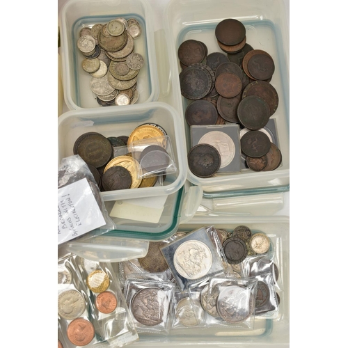 96 - A PLASTIC CRATE IN WHICH ARE SEVERAL BOXES OF COINS, to include crowns 1887, 1898, 1935, 1937, 1951,... 