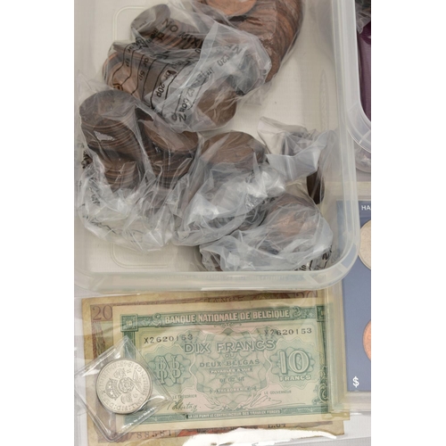 97 - TWO PLASTIC BOXES CONTAINING MOSTLY UK COINAGE, to include some early Victorian silver coins, other ... 