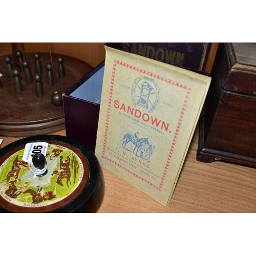 405 - A GROUP OF GAMES, A TEA CADDY AND A BAROMETER, comprising a boxed Sandown horse racing game by F H A... 