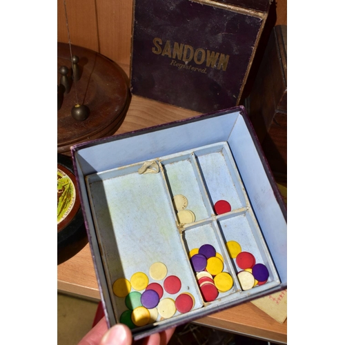 405 - A GROUP OF GAMES, A TEA CADDY AND A BAROMETER, comprising a boxed Sandown horse racing game by F H A... 