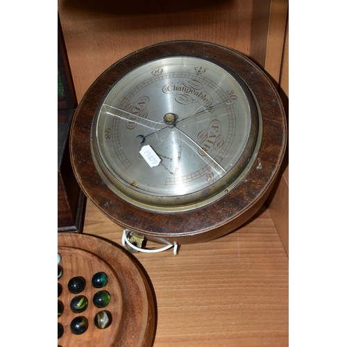 405 - A GROUP OF GAMES, A TEA CADDY AND A BAROMETER, comprising a boxed Sandown horse racing game by F H A... 