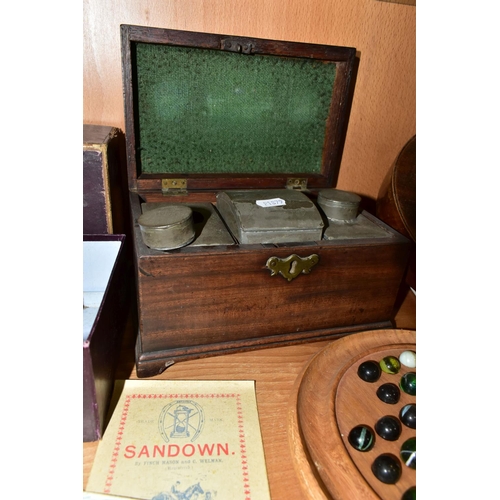 405 - A GROUP OF GAMES, A TEA CADDY AND A BAROMETER, comprising a boxed Sandown horse racing game by F H A... 