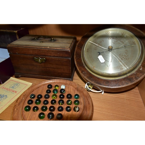 405 - A GROUP OF GAMES, A TEA CADDY AND A BAROMETER, comprising a boxed Sandown horse racing game by F H A... 