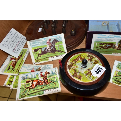 405 - A GROUP OF GAMES, A TEA CADDY AND A BAROMETER, comprising a boxed Sandown horse racing game by F H A... 