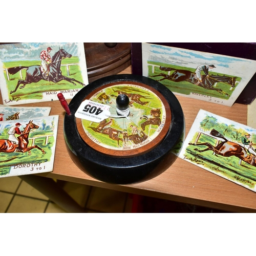 405 - A GROUP OF GAMES, A TEA CADDY AND A BAROMETER, comprising a boxed Sandown horse racing game by F H A... 