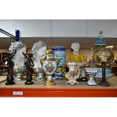 409 - A GROUP OF CERAMICS, BIRDCAGE AND BRONZE FIGURES, comprising a Staffordshire OC & Co pedestal fruit ... 