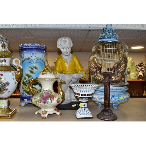 409 - A GROUP OF CERAMICS, BIRDCAGE AND BRONZE FIGURES, comprising a Staffordshire OC & Co pedestal fruit ... 