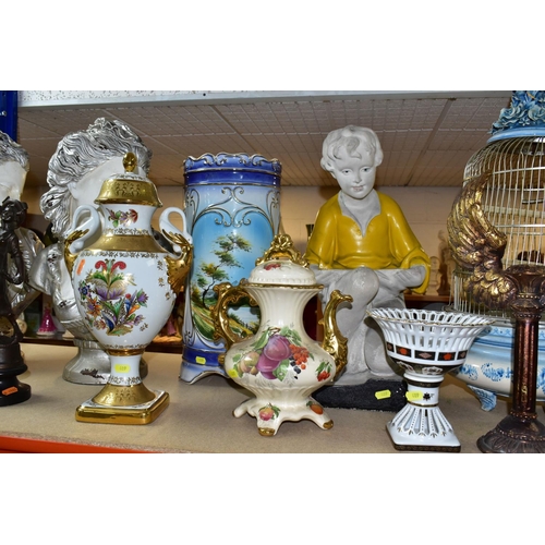 409 - A GROUP OF CERAMICS, BIRDCAGE AND BRONZE FIGURES, comprising a Staffordshire OC & Co pedestal fruit ... 