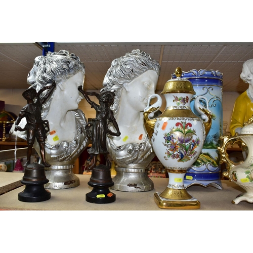 409 - A GROUP OF CERAMICS, BIRDCAGE AND BRONZE FIGURES, comprising a Staffordshire OC & Co pedestal fruit ... 