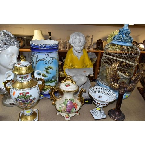 409 - A GROUP OF CERAMICS, BIRDCAGE AND BRONZE FIGURES, comprising a Staffordshire OC & Co pedestal fruit ... 