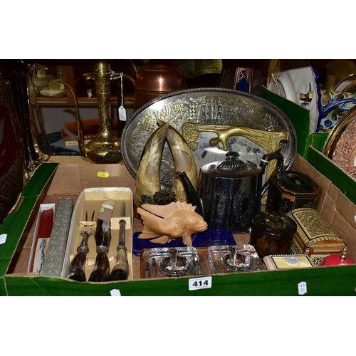 414 - ONE BOX OF METALWARE AND ASSORTED SUNDRIES, to include a pair of pressed glass ink wells on a wooden... 